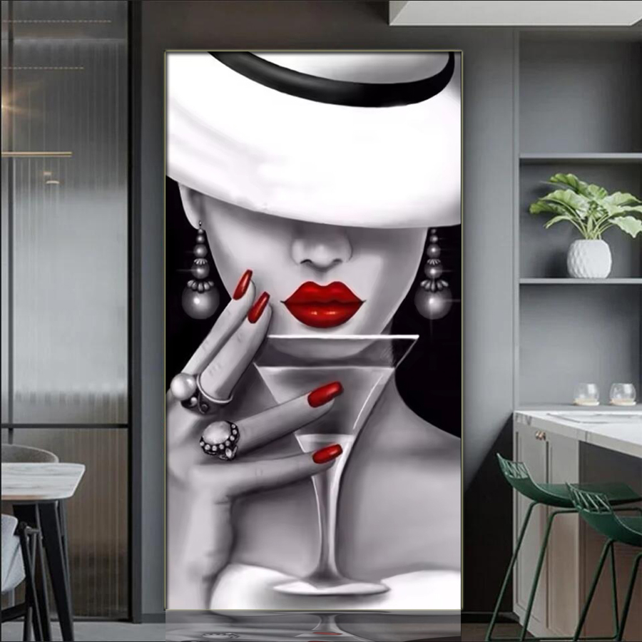 Embroidery Lips - ชุดภาพปักเพชรสำเร็จรูป ลายสาวสวย ทาเล็บสีแดง งานศิลปะตกแต่งบ้านขนาดใหญ่ งานปักคริสตัล DIY