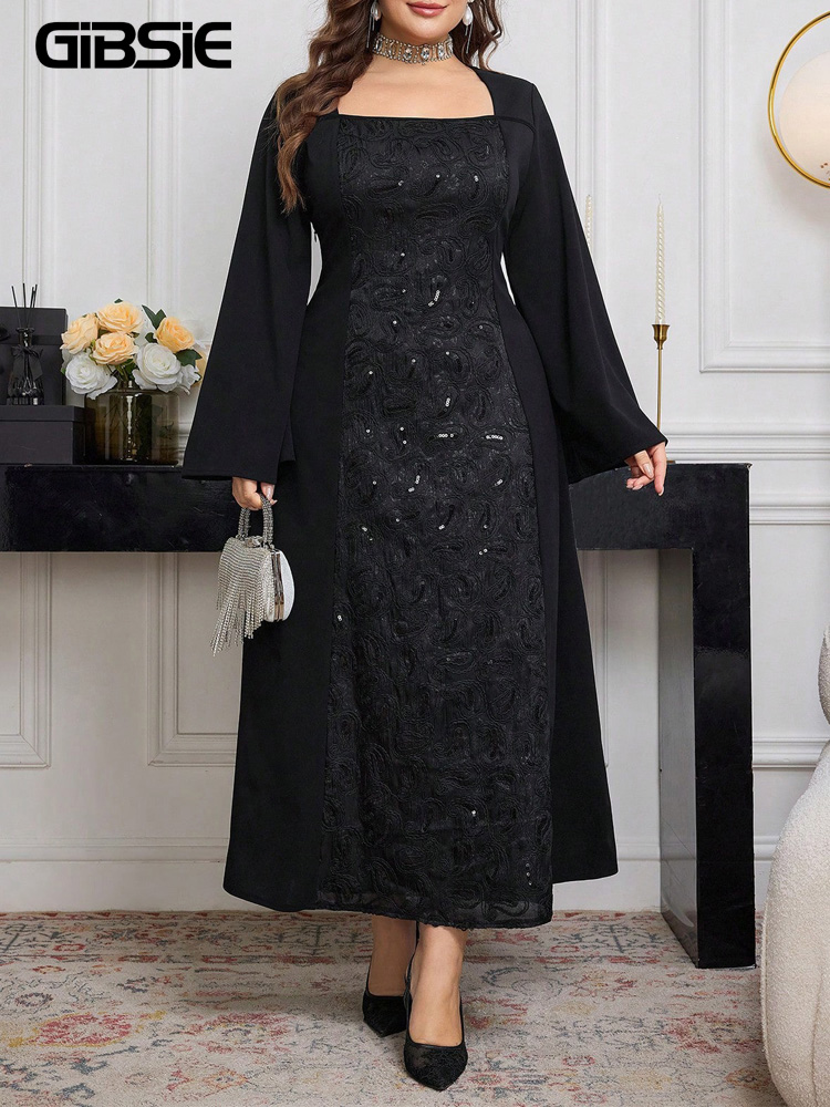 Embroidery Motif - จิบซี่ พลัสไซส์สีดำแขนยาวปักเลื่อมปักลายชุดผู้หญิงฤดูใบไม้ร่วงคอสี่เหลี่ยมปาร์ตี้เอ-ไลน์ชุดเดรสยาวหรูหรา