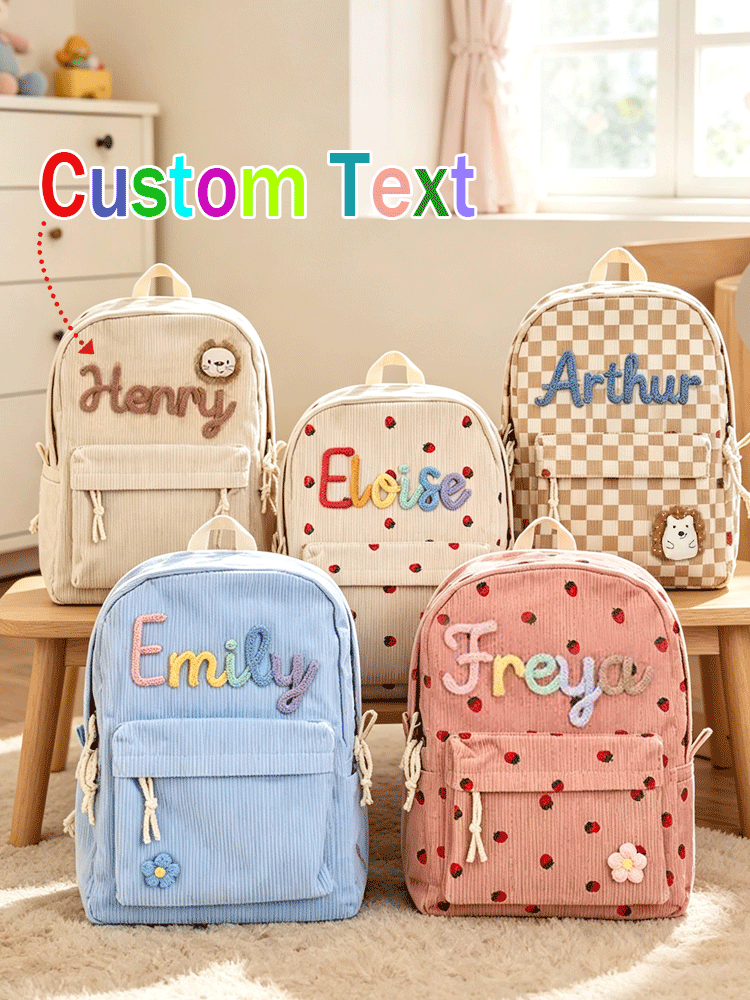 Embroidery Motif - [แบบกำหนดเอง] กระเป๋าเป้สะพายหลังสำหรับกลับไปโรงเรียนพร้อมชื่อส่วนตัว – ลายสตรอเบอร์รี่/ลายตารางหมากรุก กระเป๋าเป้เดินทางน้ำหนักเบาและกว้างขวาง
