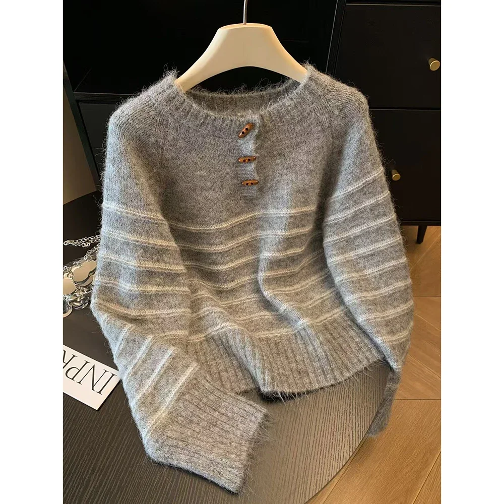Embroidery A - เสื้อสเวตเตอร์ไหมพรมแคชเมียร์ลายทางสำหรับผู้หญิง ฤดูใบไม้ร่วง ฤดูหนาว ทรงหลวม อุ่นสบาย เสื้อถักแบบสวม