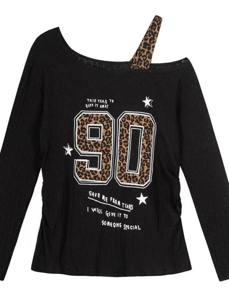 Embroidery A - เสื้อยืดลายเสือดาวสไตล์ Y2K แบบแพทช์เวิร์คสำหรับผู้หญิง ทรงหลวม สตรีทแวร์ สไตล์กรันจ์