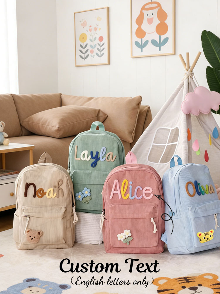 Embroidery Initials Designs - กระเป๋าเป้สะพายหลังผ้าลูกฟูกแบบยูนิเซ็กซ์ที่สามารถปรับแต่งได้— ปักอักษรย่อแบบทำมือตามสั่ง ดีไซน์สีสันสดใส มีสีให้เลือกและอุปกรณ์เสริม