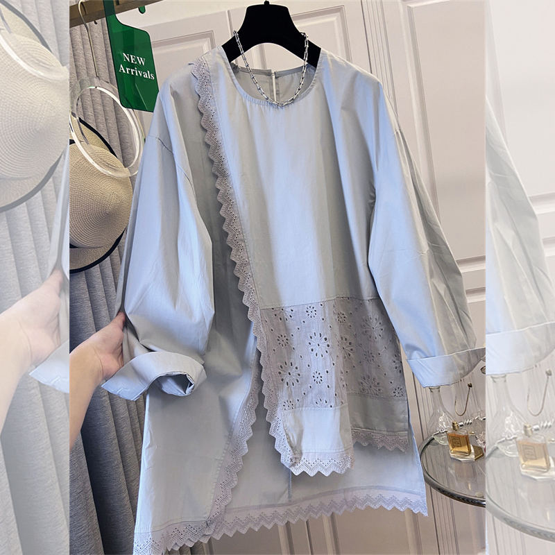 Embroidery A - ซุปเปอร์เอ็น สปริง 2026 เสื้อแขนยาวสไตล์เกาหลีใหม่ ปักลายลูกไม้สีขาว แต่งผ้าปะติดปะต่อ
