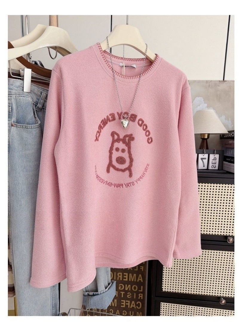 Embroidery Letter N - เสื้อยืดปักลายการ์ตูนเกาหลี โอเวอร์ไซส์ ผ้าฟลีซ นุ่ม หลวม สไตล์ฤดูใบไม้ร่วง