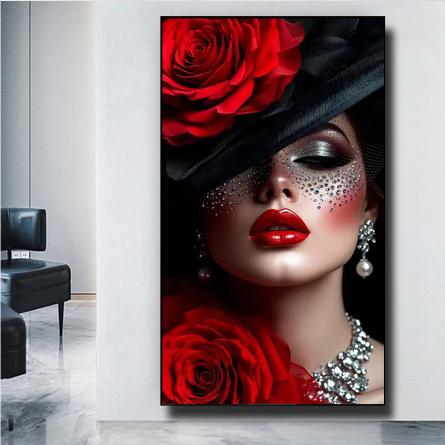 Embroidery Lips - Elegant Red Lip เครื่องประดับสําหรับผู้หญิงเพชรจิตรกรรมชุด 5D โมเสค