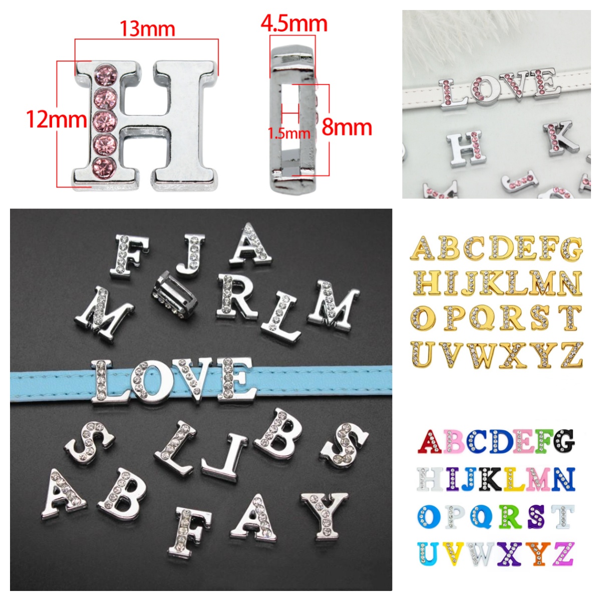 Embroidery Charm - 50 ชิ้น/ล็อต ตัวอักษรคริสตัลแบบสไลด์ ขนาดรู 8 มม.