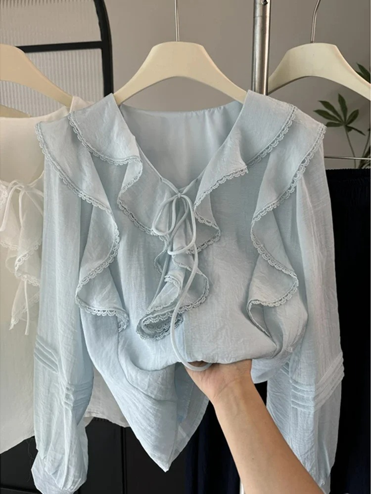 Embroidery A - เสื้อเบลาส์แขนยาวคอวีสไตล์ฝรั่งเศสสำหรับผู้หญิง ฤดูใบไม้ผลิ ฤดูร้อน แต่งระบาย ดีไซน์ใหม่