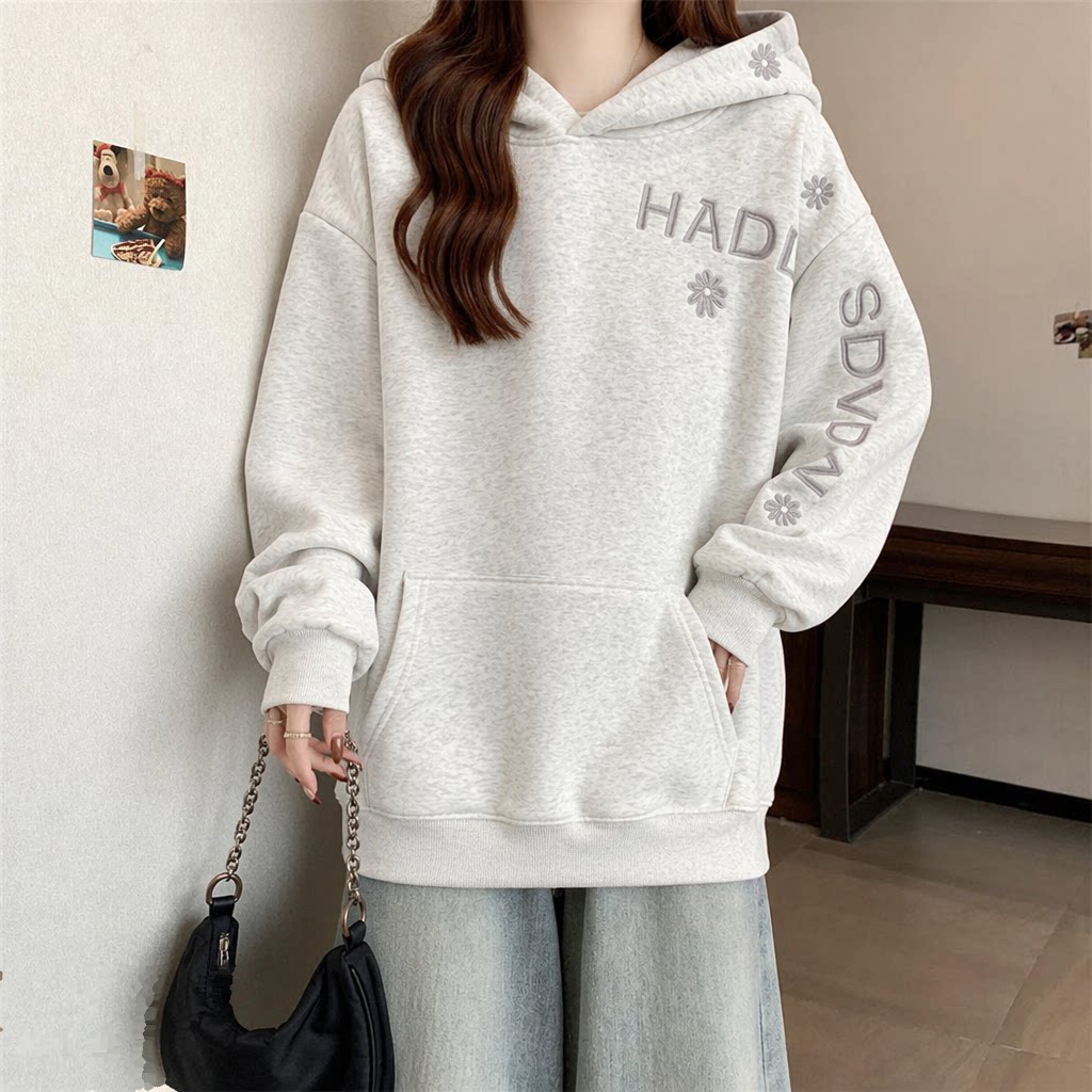 Embroidery Letter N - เสื้อฮู้ดผู้หญิงสีพื้น ปักลายแฟชั่น ทรงหลวม สวมใส่สบาย เหมาะกับทุกโอกาส สำหรับฤดูใบไม้ร่วงและฤดูหนาว
