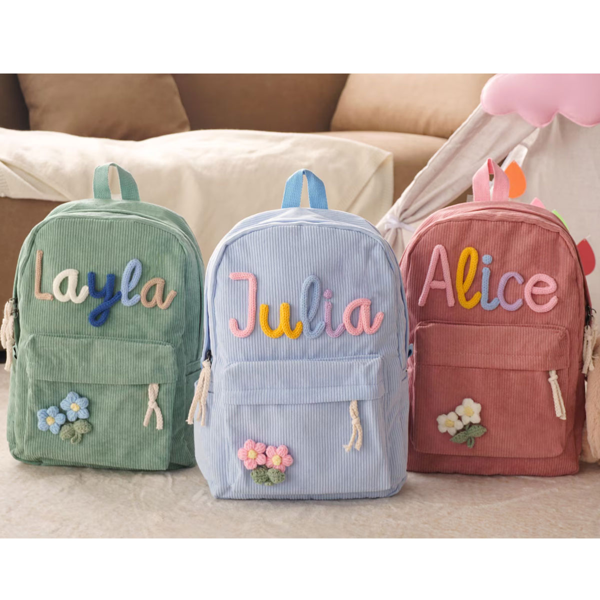 กระเป๋าเป้สะพายหลังผ้าลูกฟูกแบ - Embroidery Initials Designs บทวิจารณ์และราคา