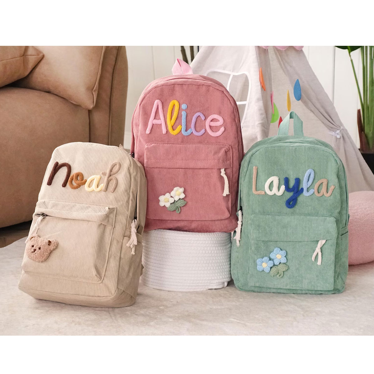 กระเป๋าเป้สะพายหลังผ้าลูกฟูกแบ - Embroidery Initials Designs บทวิจารณ์และราคา