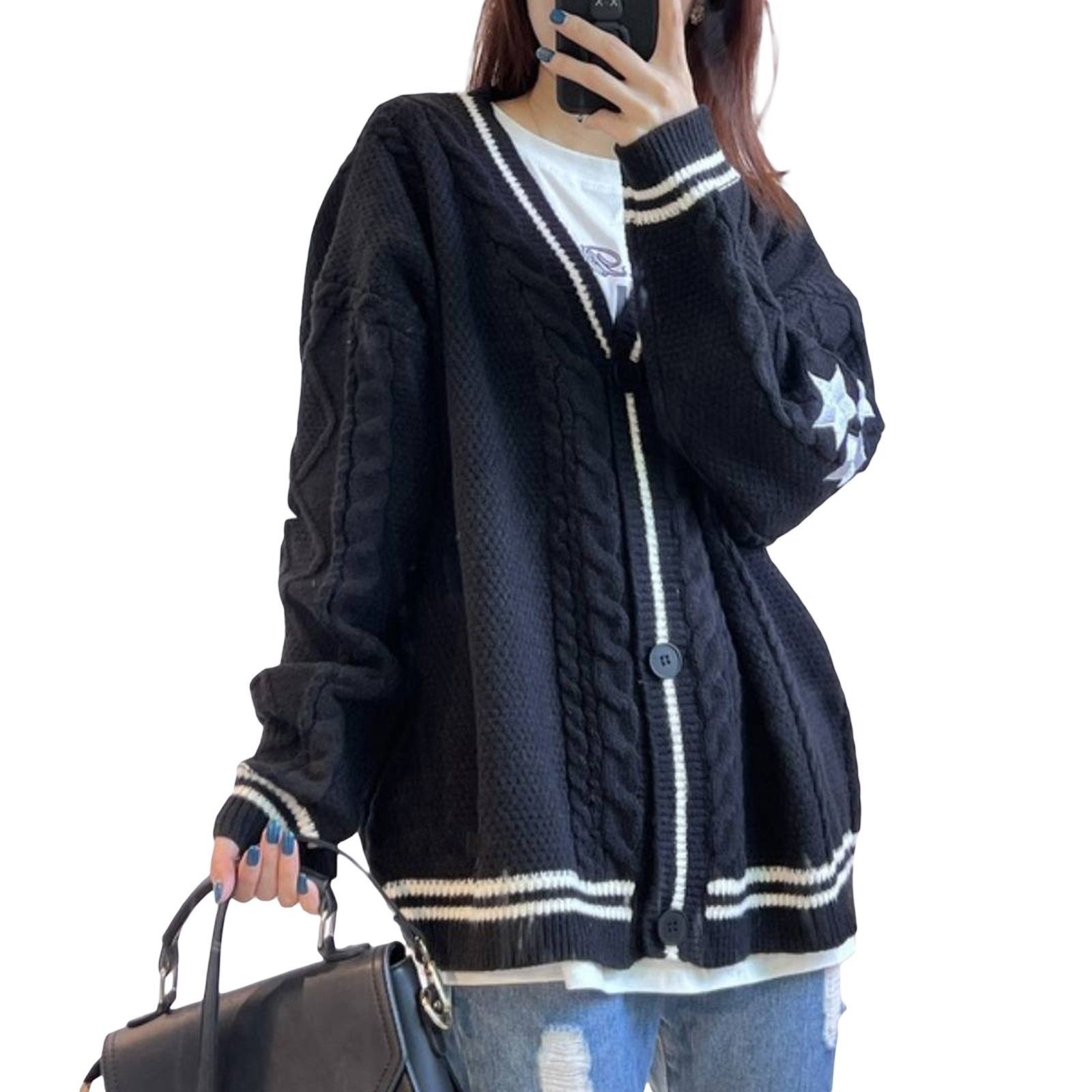 เสื้อคาร์ดิแกนถักลายวินเทจสำหร - Embroidery Letter N บทวิจารณ์และราคา