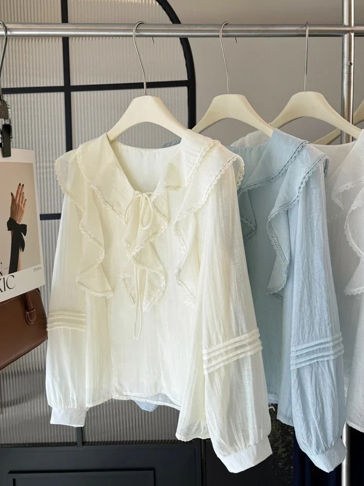 เสื้อเบลาส์แขนยาวคอวีสไตล์ฝรั่ - Embroidery A บทวิจารณ์และราคา