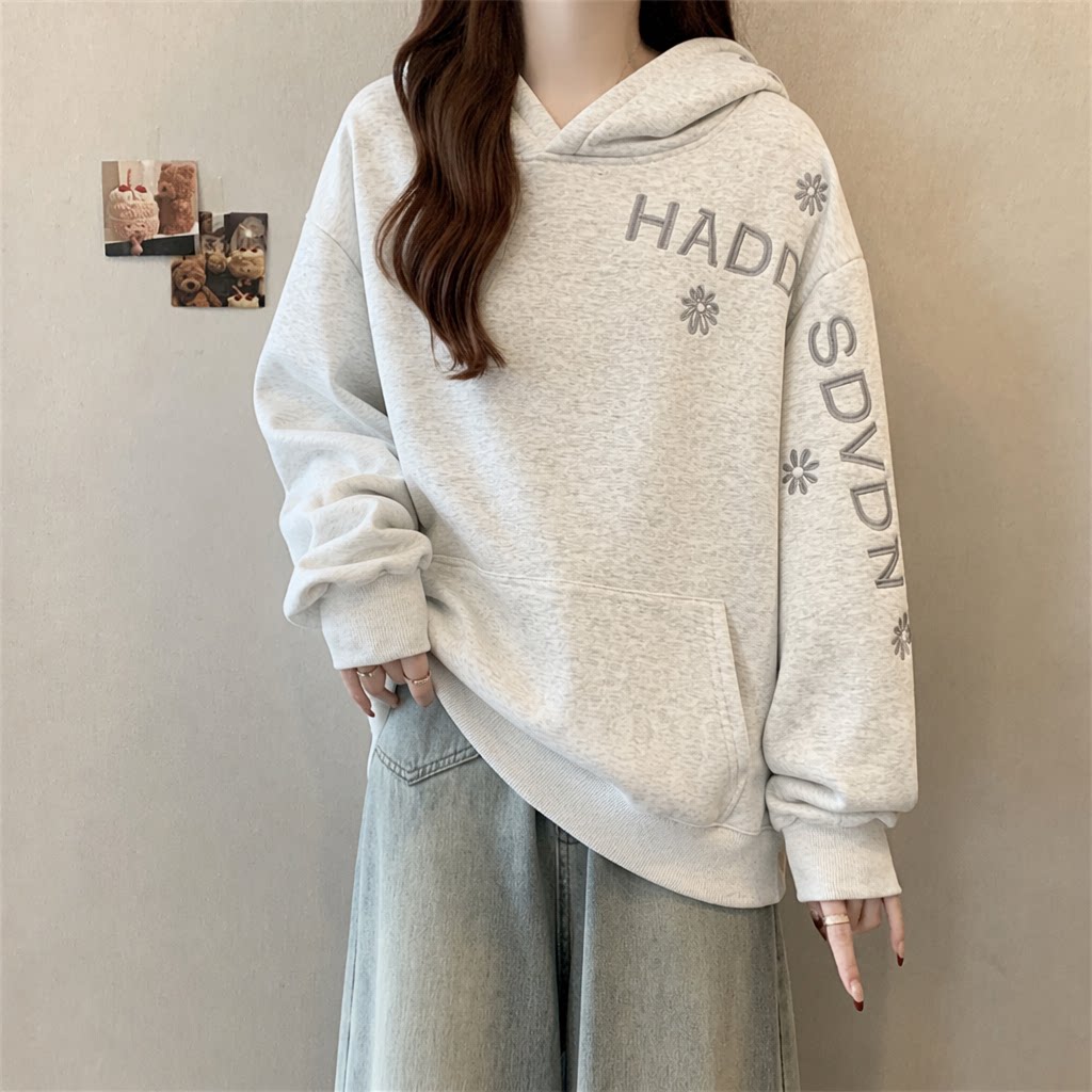 เสื้อฮู้ดผู้หญิงสีพื้น ปักลายแ - Embroidery Letter N บทวิจารณ์และราคา