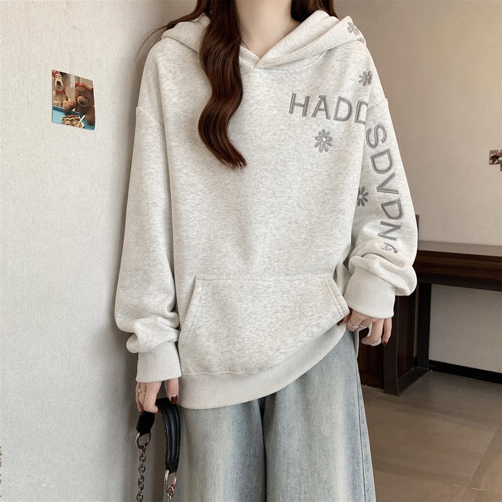 เสื้อฮู้ดผู้หญิงสีพื้น ปักลายแ - Embroidery Letter N บทวิจารณ์และราคา